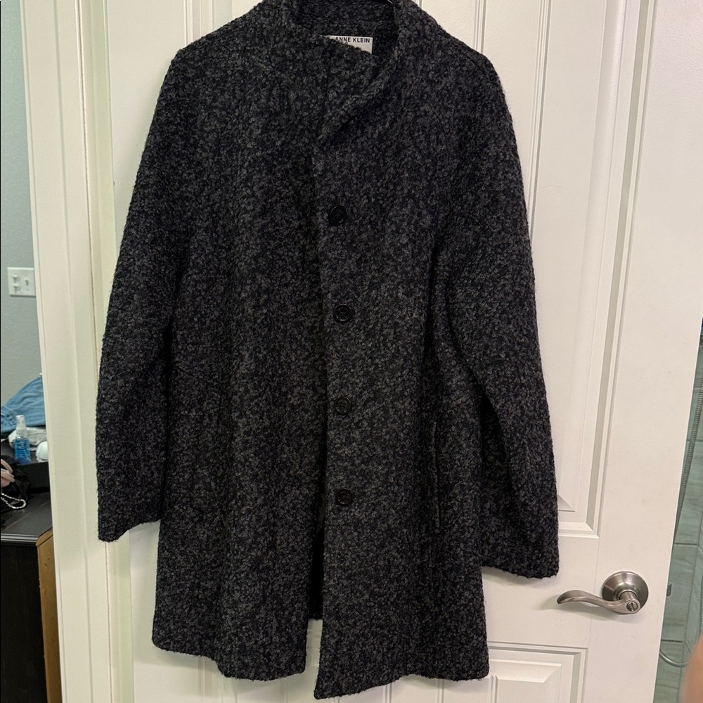 Anne Klein Charcoal Textured Wool-Blend Pea Coat